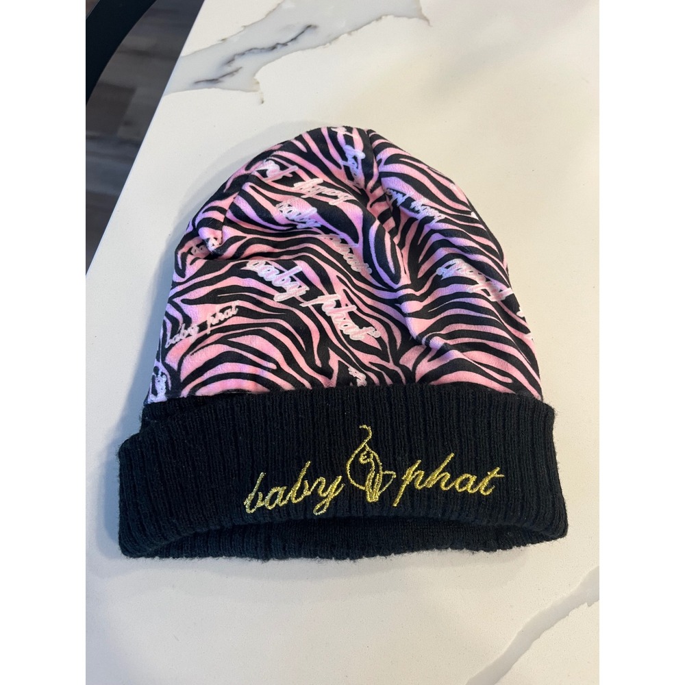 Baby Phat Kids Beanie Hat Pink Black Zebra Print Embroideredโ Logo One Size